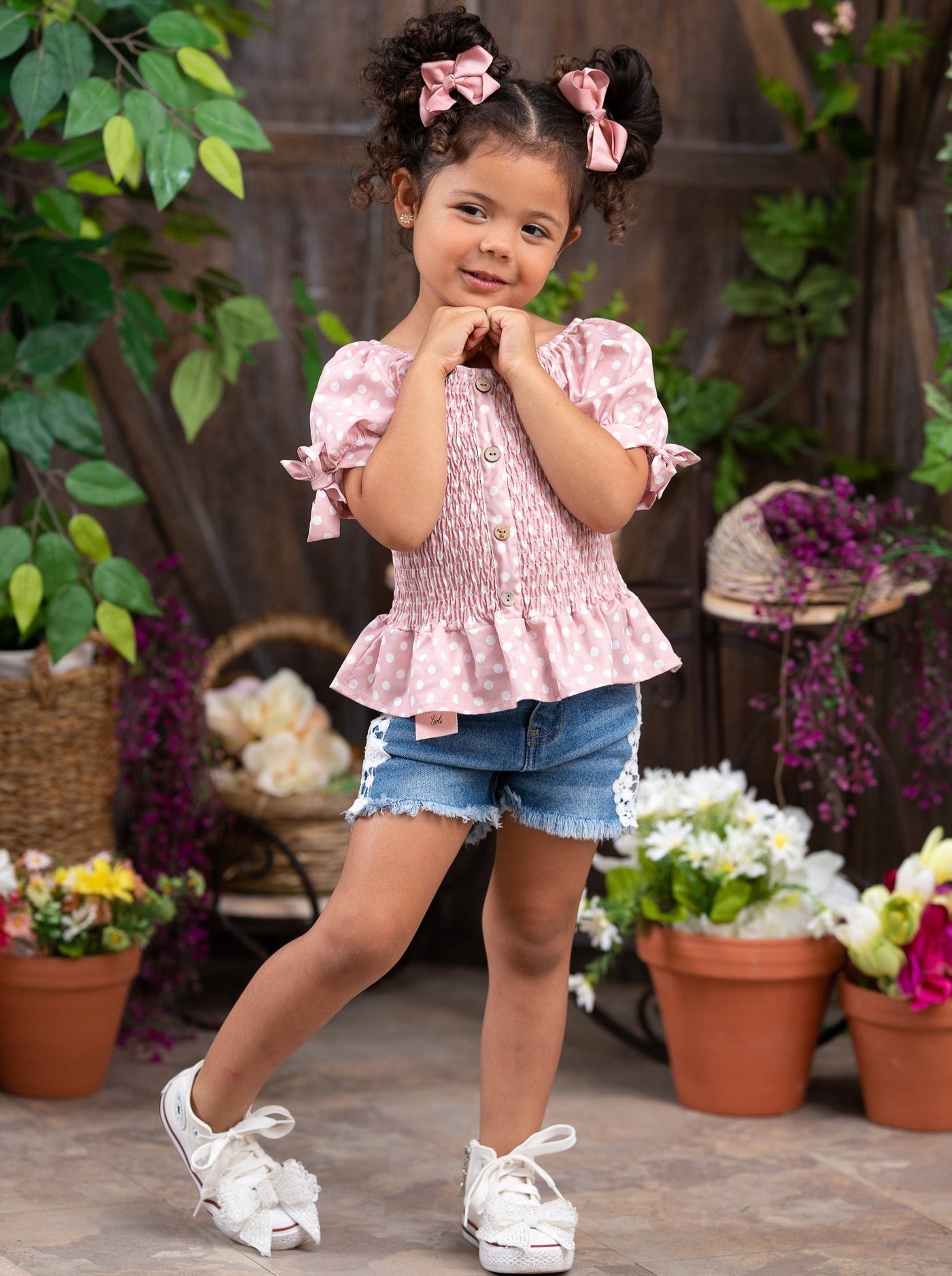 Girls Spring Outfits | Polka Dot Ruffle Top & Lace Lined Shorts Set 