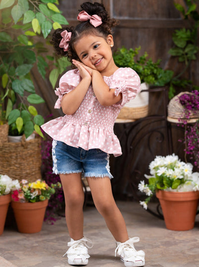 Girls Spring Outfits | Polka Dot Ruffle Top & Lace Lined Shorts Set 