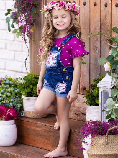 Awesome Blossom Top & Patched Denim Overalls Set - Spring Casual Set - Mia Belle Girls
