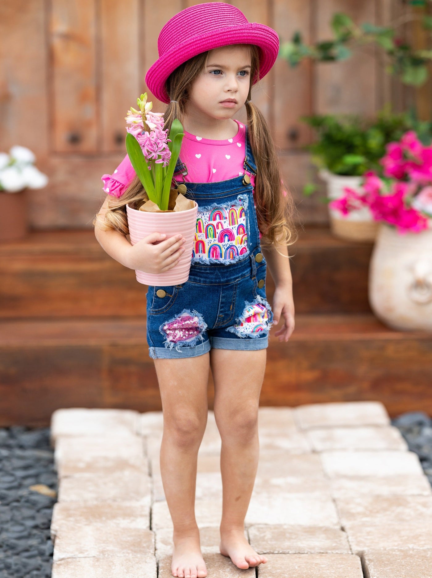 Girls Spring Sets | Polka Dot Heart Top & Patched Denim Overall Shorts