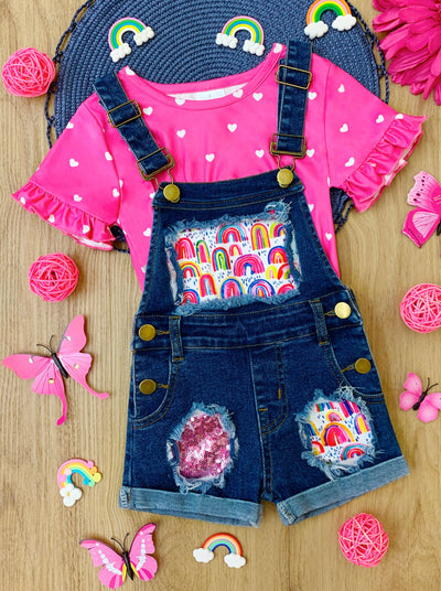 Girls Spring Sets | Polka Dot Heart Top & Patched Denim Overall Shorts
