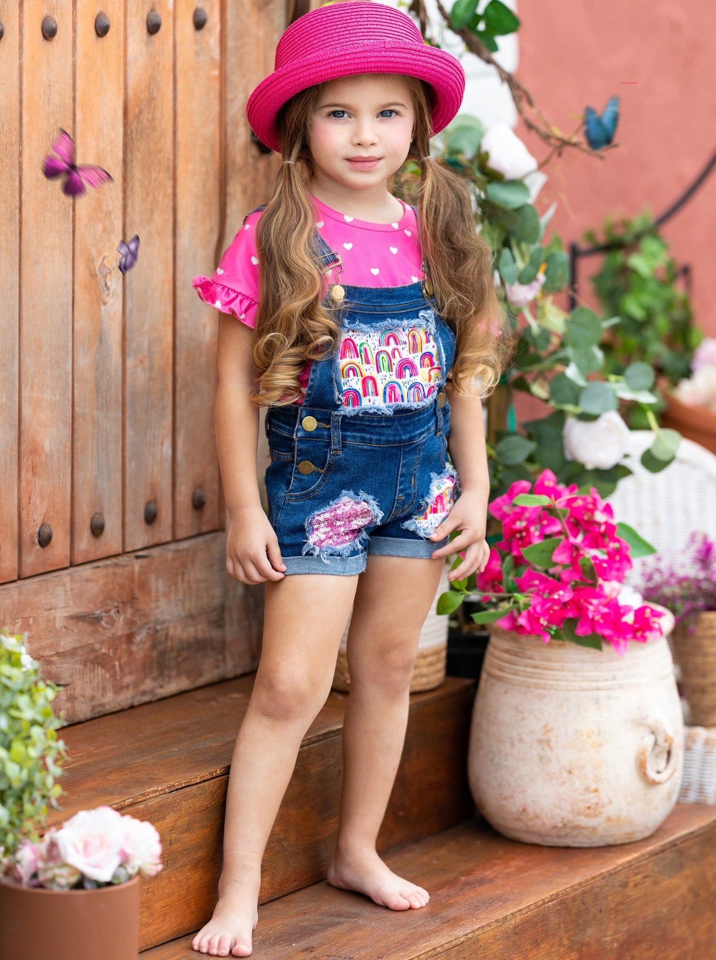 Girls Spring Sets | Polka Dot Heart Top & Patched Denim Overall Shorts