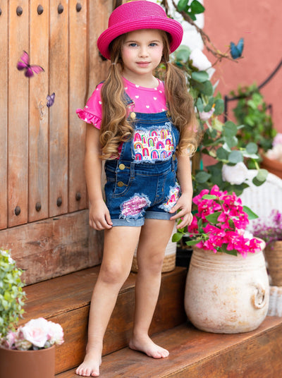 Girls Spring Sets | Polka Dot Heart Top & Patched Denim Overall Shorts