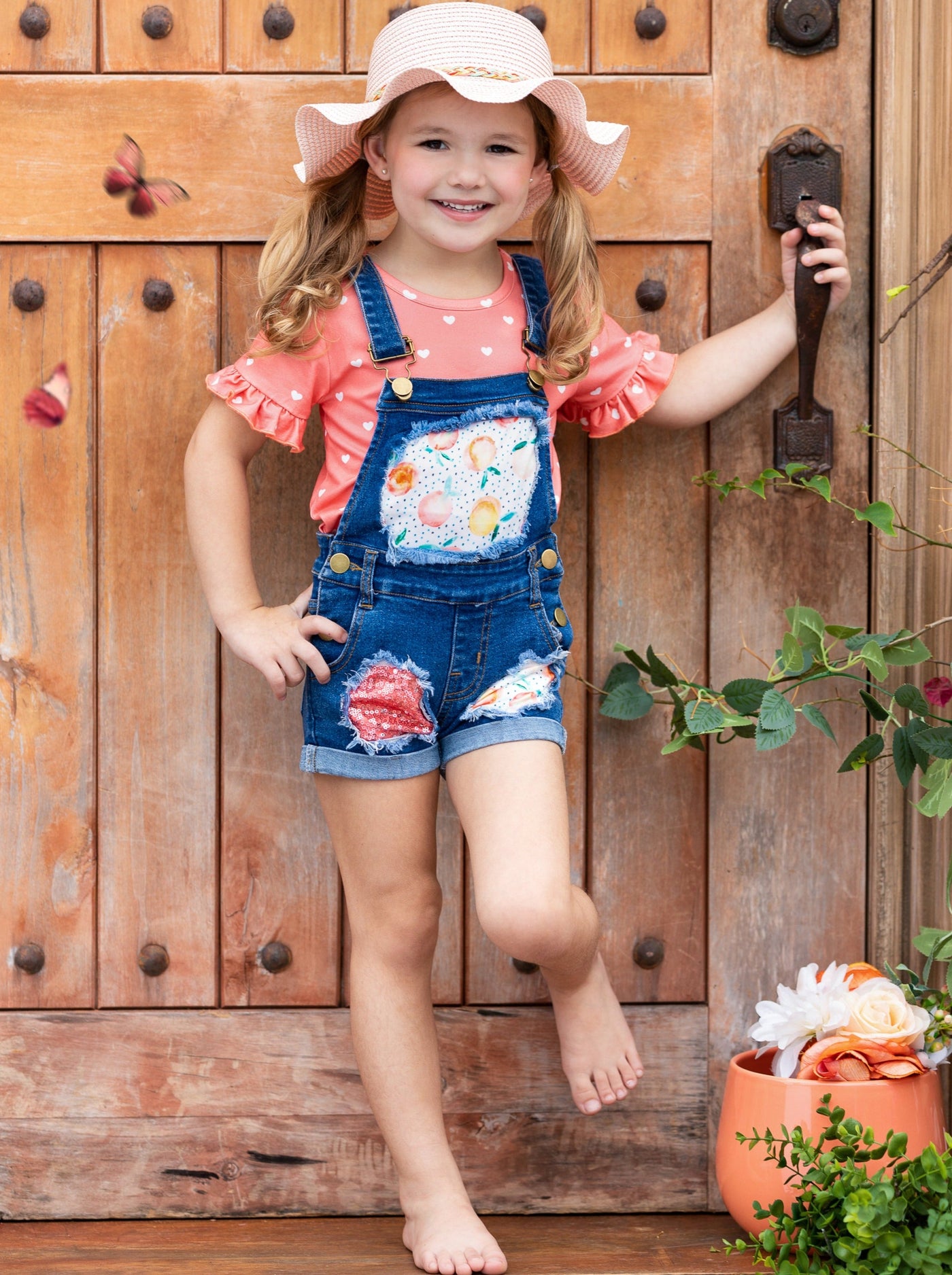 Spring Clothes | Girls Polka Dot Heart Top & Patched Overall Shorts