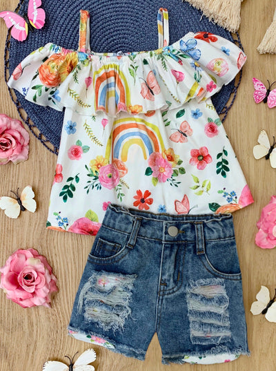 Girls Spring Casual Sets | Rainbow Flower Top & Ripped Jean Shorts Set