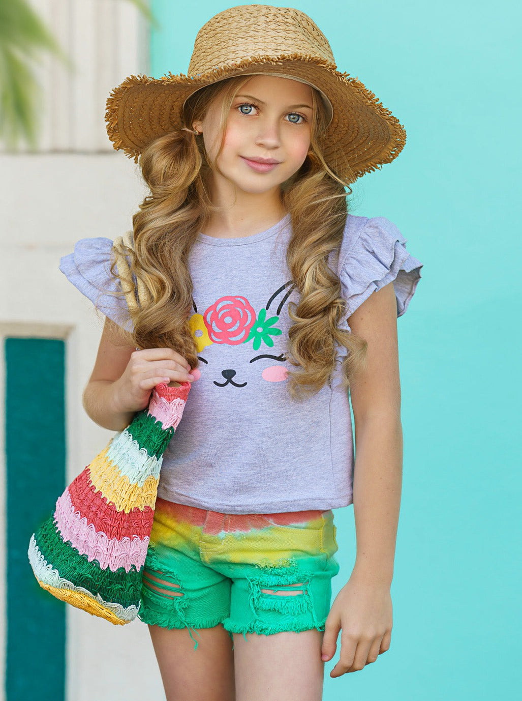 Kids Spring Outfit | Girls Kitten Graphic Tee & Ombré Denim Shorts Set