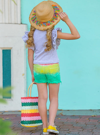 Kids Spring Outfit | Girls Kitten Graphic Tee & Ombré Denim Shorts Set
