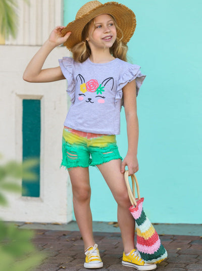 Kids Spring Outfit | Girls Kitten Graphic Tee & Ombré Denim Shorts Set