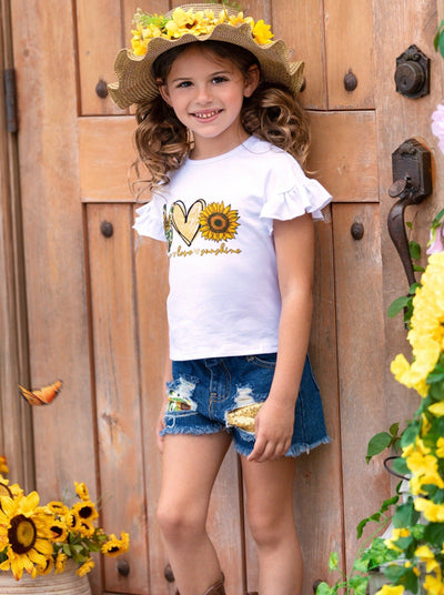 Kids Spring Clothes | Girls Sunshine Top & Patched Denim Shorts Set