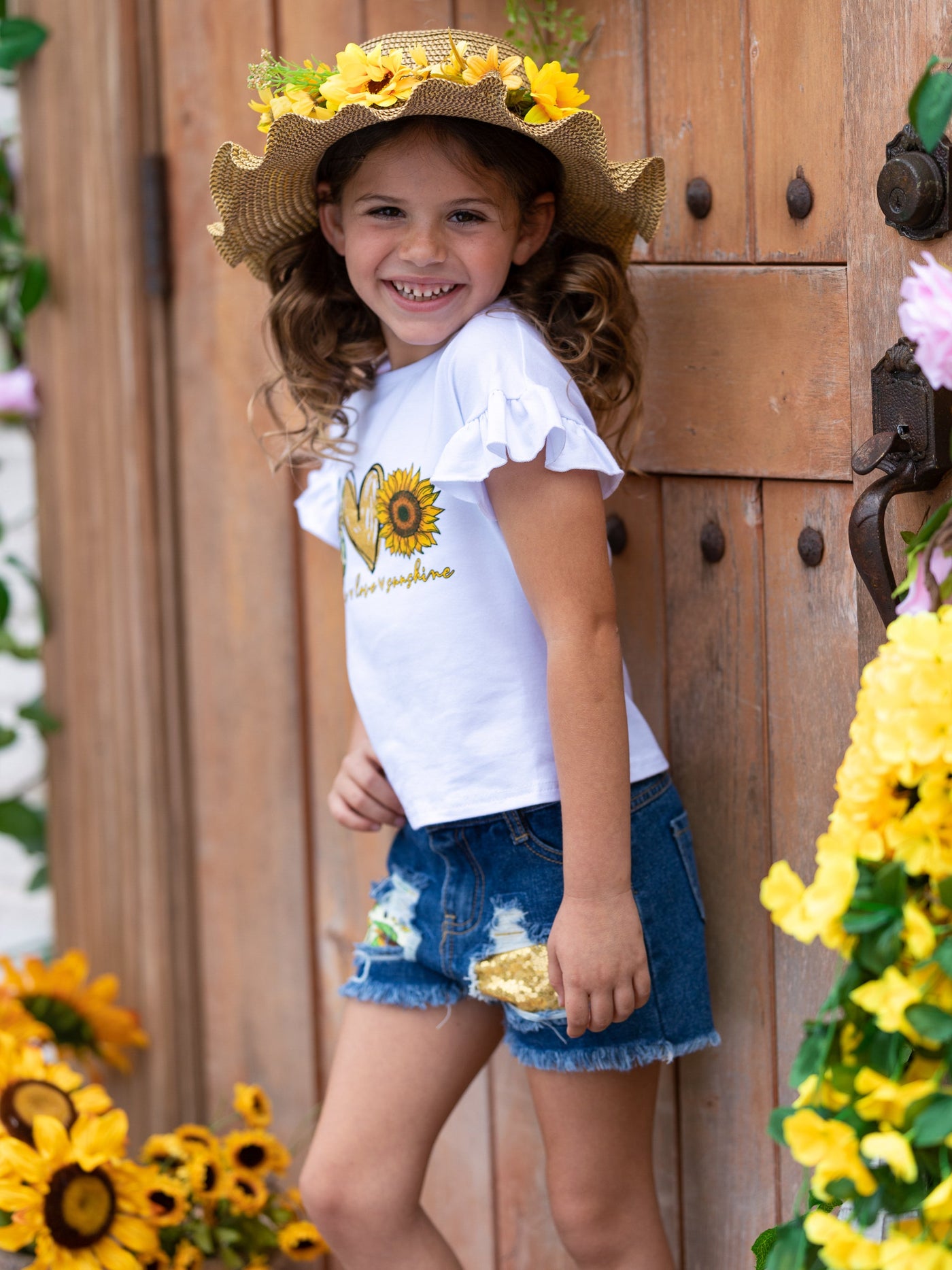 Kids Spring Clothes | Girls Sunshine Top & Patched Denim Shorts Set