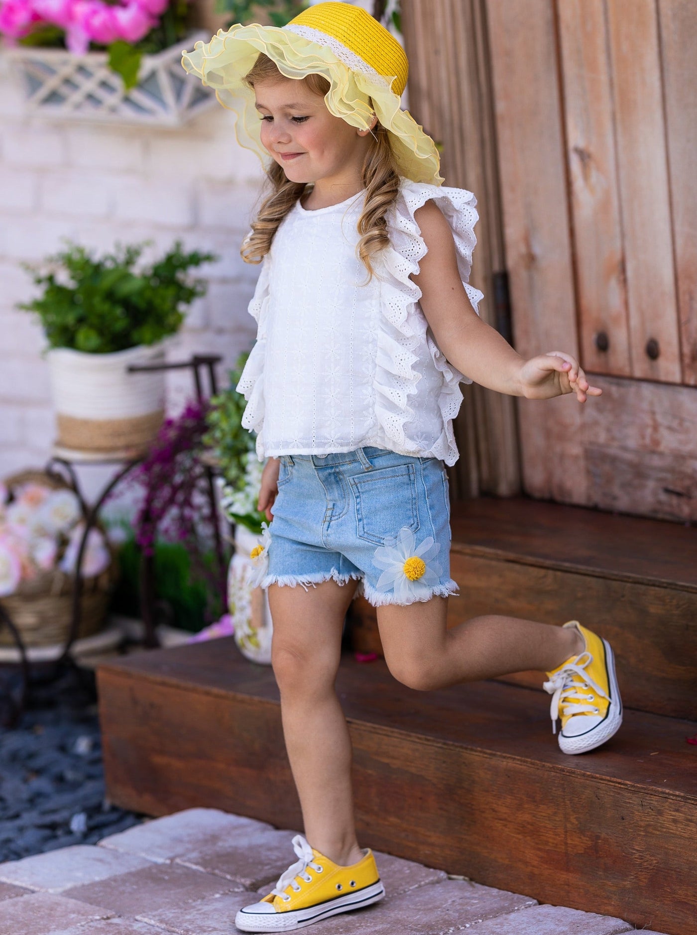 Kids Spring Fashion | Girls Eyelet Ruffle Top & Daisy Denim Shorts Set