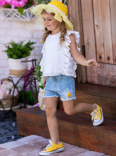 Kids Spring Fashion | Girls Eyelet Ruffle Top & Daisy Denim Shorts Set