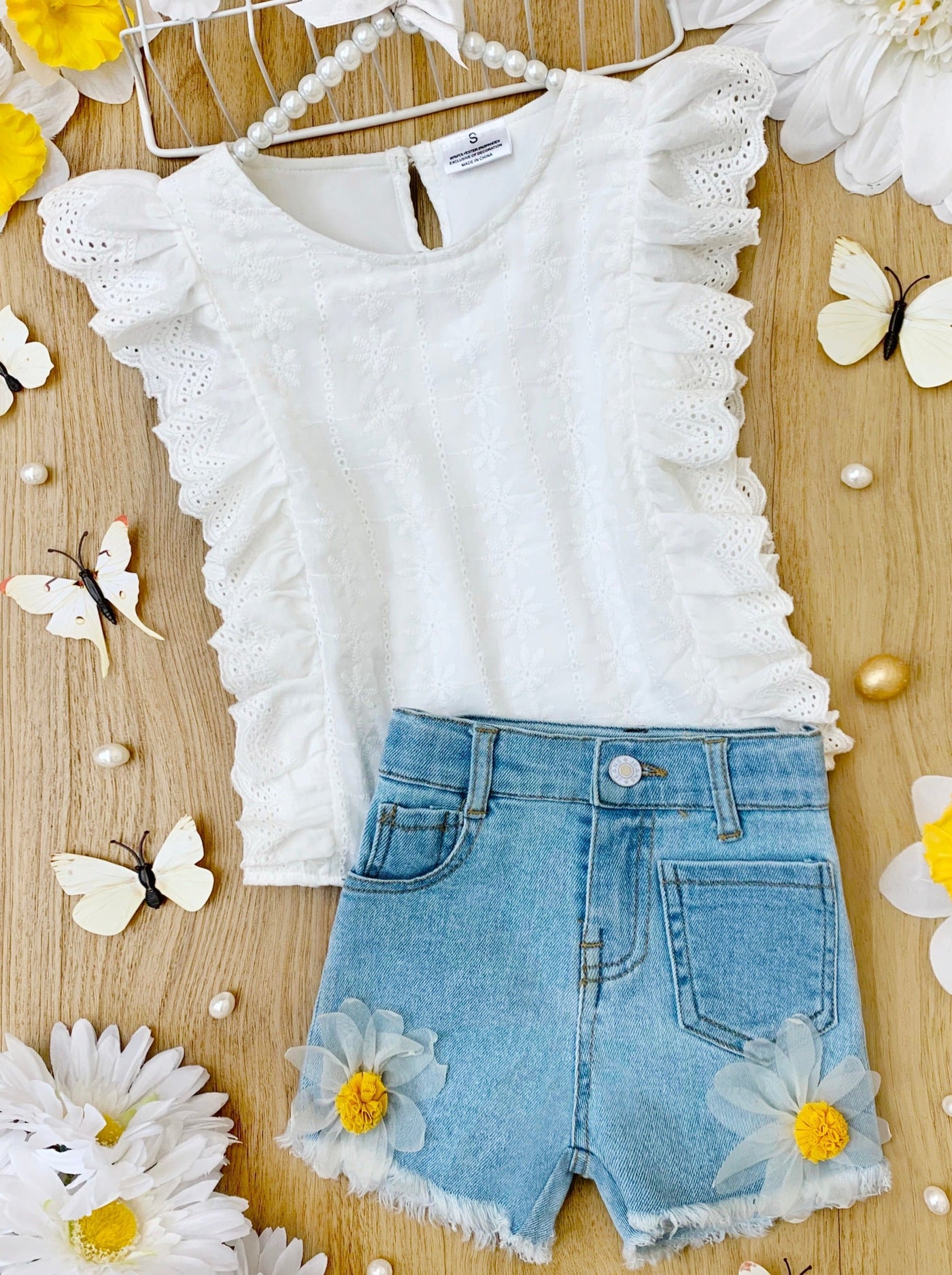 Kids Spring Fashion | Girls Eyelet Ruffle Top & Daisy Denim Shorts Set