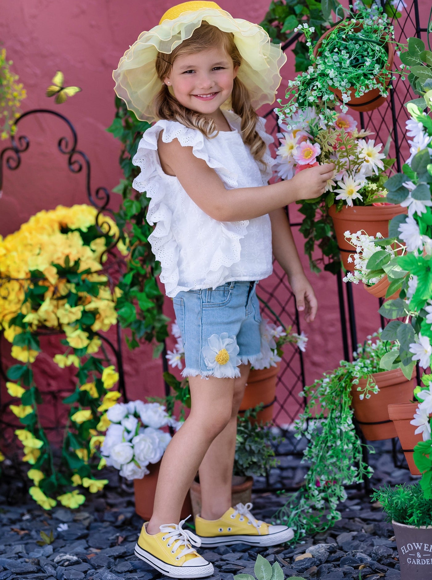 Kids Spring Fashion | Girls Eyelet Ruffle Top & Daisy Denim Shorts Set