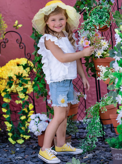 Kids Spring Fashion | Girls Eyelet Ruffle Top & Daisy Denim Shorts Set