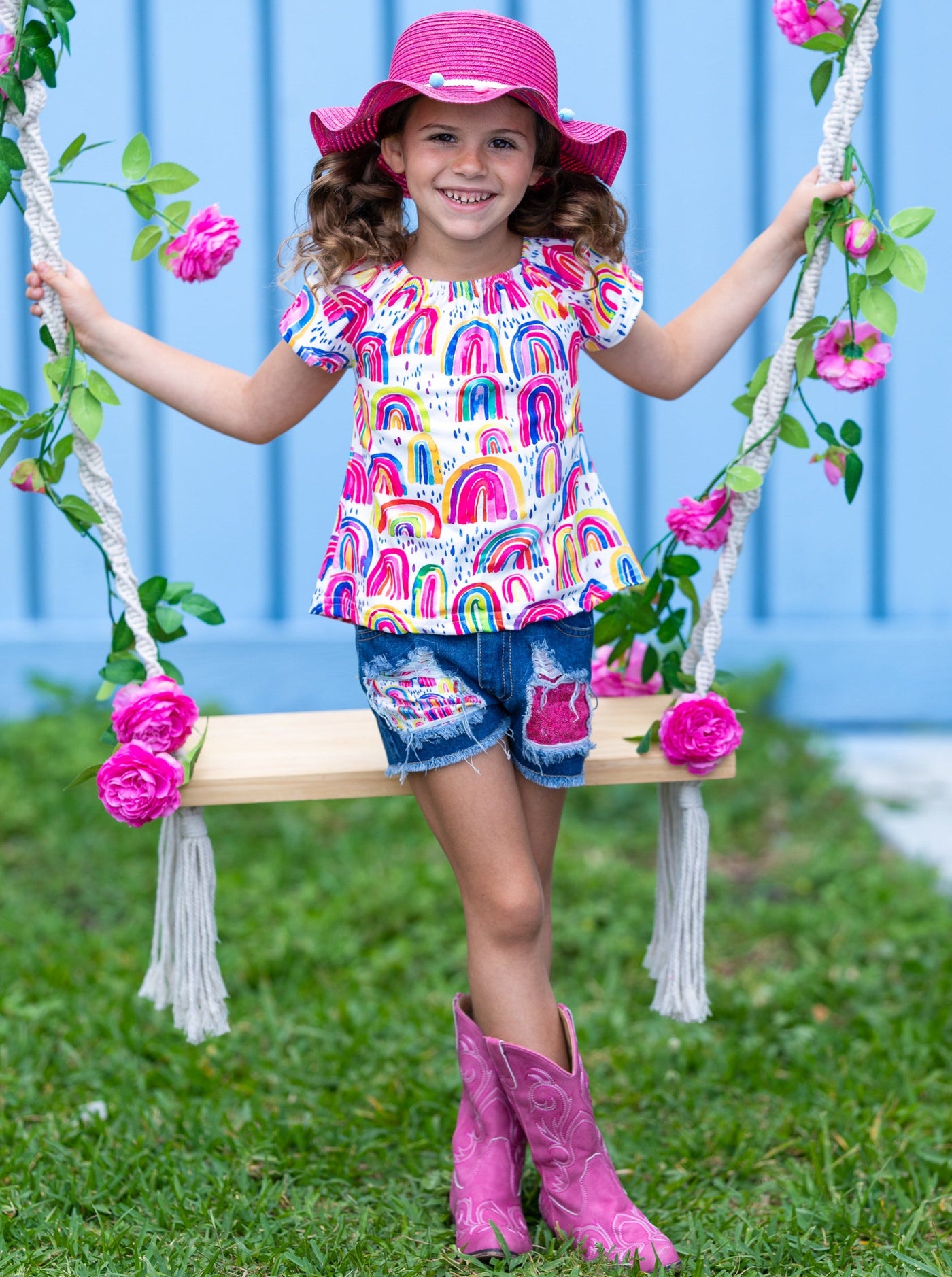 Toddler Spring Outfits | Girls Rainbow Top & Patched Denim Shorts Set 