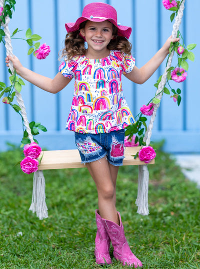 Toddler Spring Outfits | Girls Rainbow Top & Patched Denim Shorts Set 