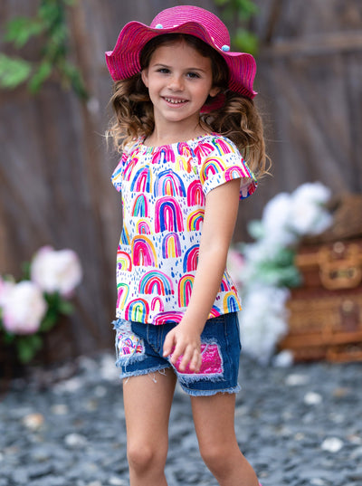 Toddler Spring Outfits | Girls Rainbow Top & Patched Denim Shorts Set 
