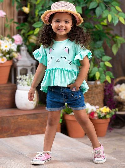 Girls Spring Outfits | Ruffle Kitten Top & Cuffed Jean Shorts Set