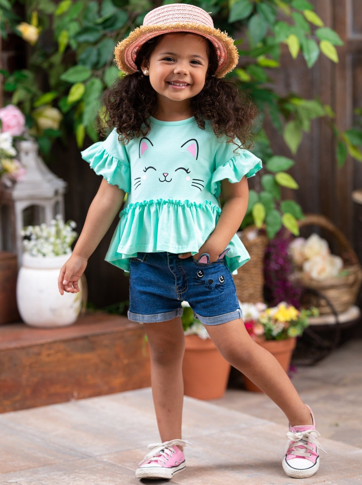 Girls Spring Outfits | Ruffle Kitten Top & Cuffed Jean Shorts Set