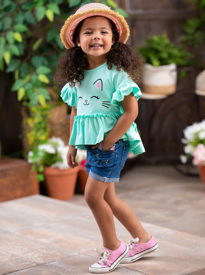 Girls Spring Outfits | Ruffle Kitten Top & Cuffed Jean Shorts Set
