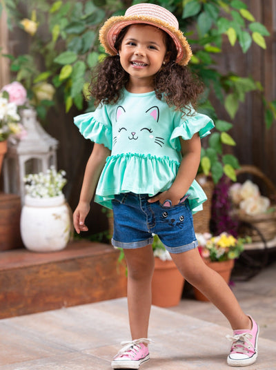 Girls Spring Outfits | Ruffle Kitten Top & Cuffed Jean Shorts Set
