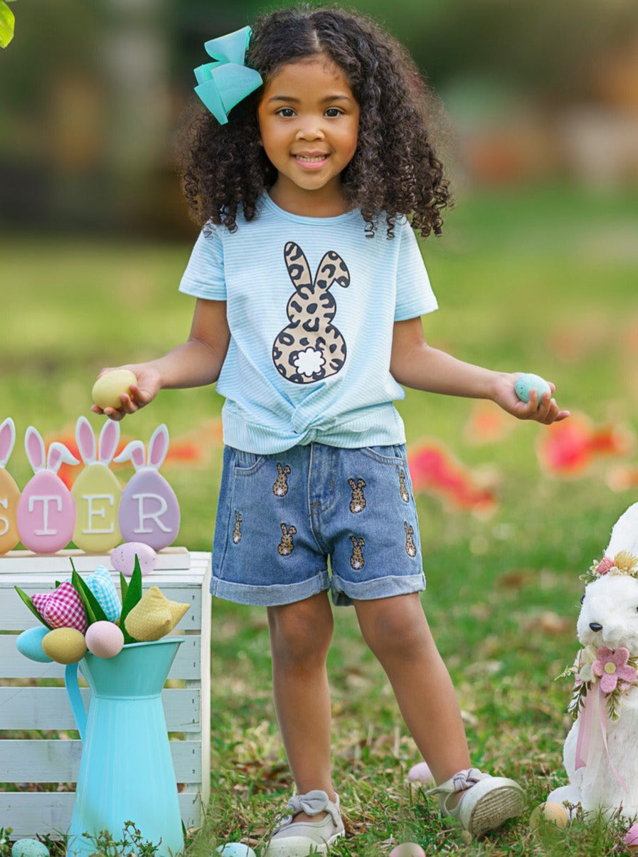 Girls Striped Leopard Bunny Top & Denim Shorts Set - Mia Bella Girls