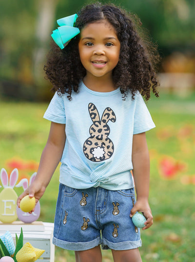 Girls Striped Leopard Bunny Top & Denim Shorts Set - Mia Bella Girls