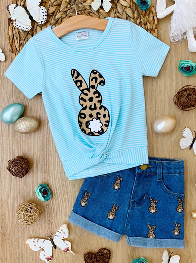Girls Pencil Stripe Leopard Bunny Knot Top and Denim Shorts Set