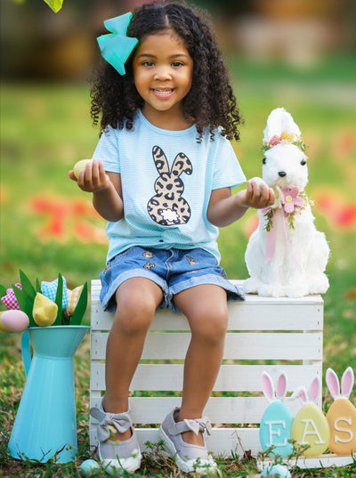 Girls Striped Leopard Bunny Top & Denim Shorts Set - Mia Bella Girls