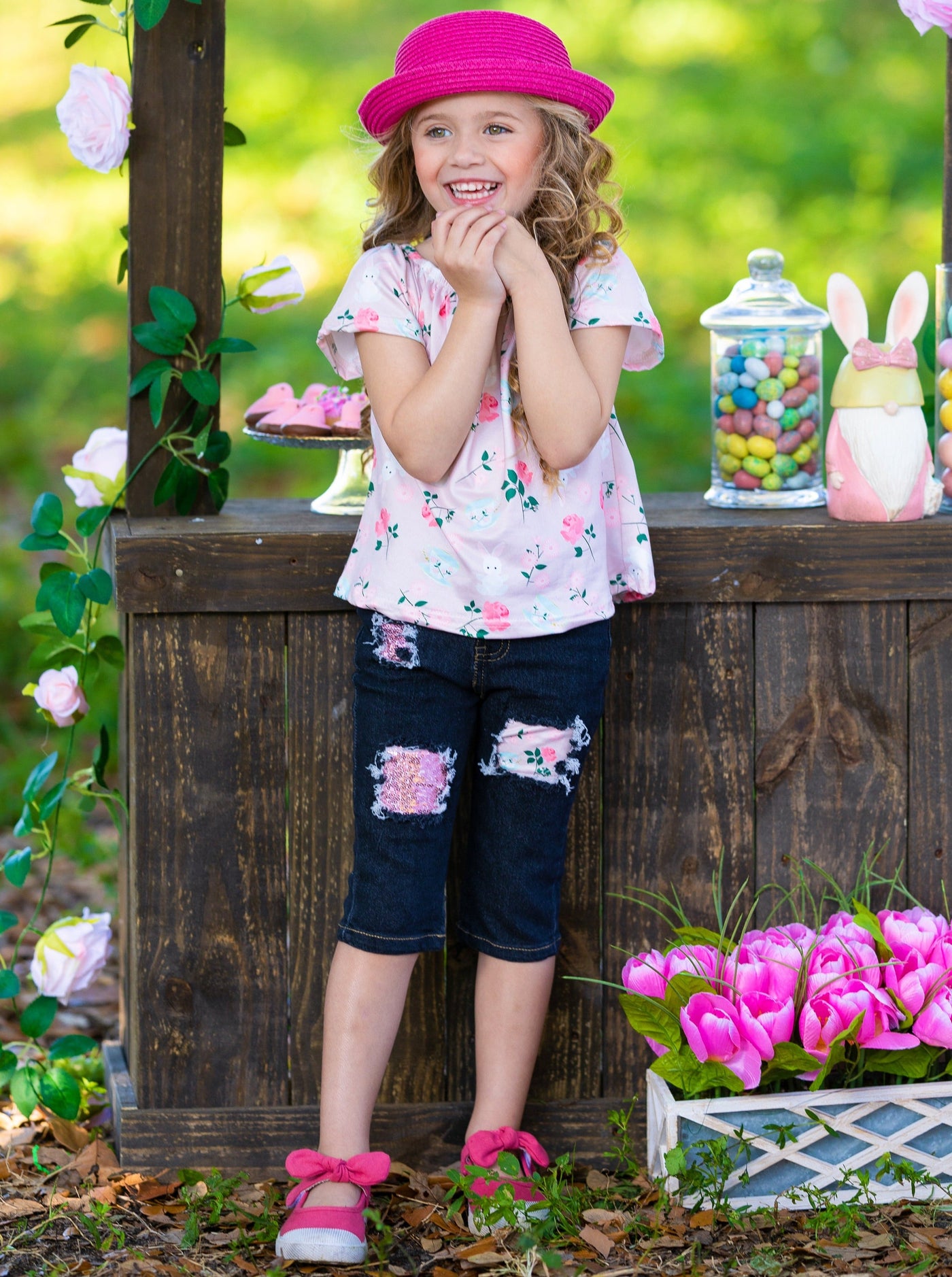 Girls Buns and Roses Butterfly Sleeve Top and Patched Denim Capris with Sash