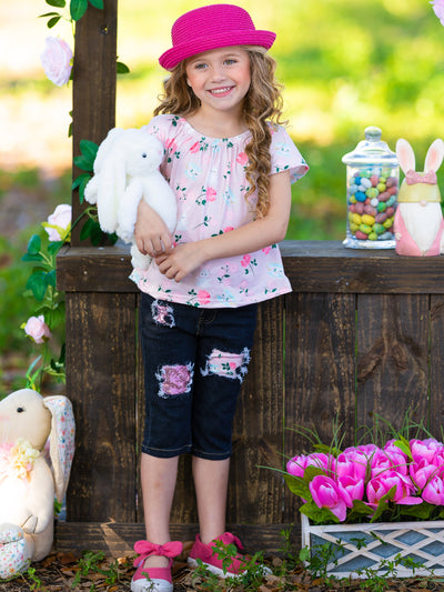Girls Buns and Roses Butterfly Sleeve Top and Patched Denim Capris with Sash