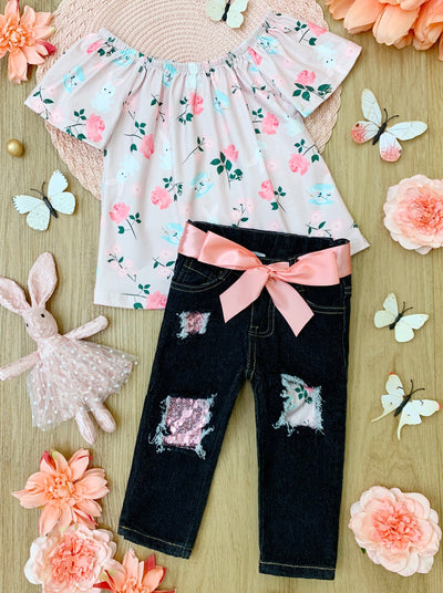 Girls Buns and Roses Butterfly Sleeve Top and Patched Denim Capris with Sash
