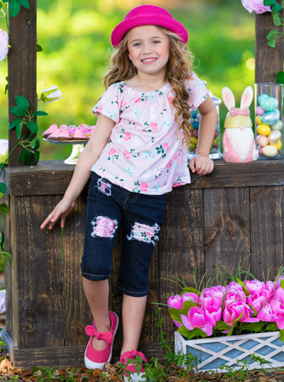 Girls Buns and Roses Butterfly Sleeve Top and Patched Denim Capris with Sash