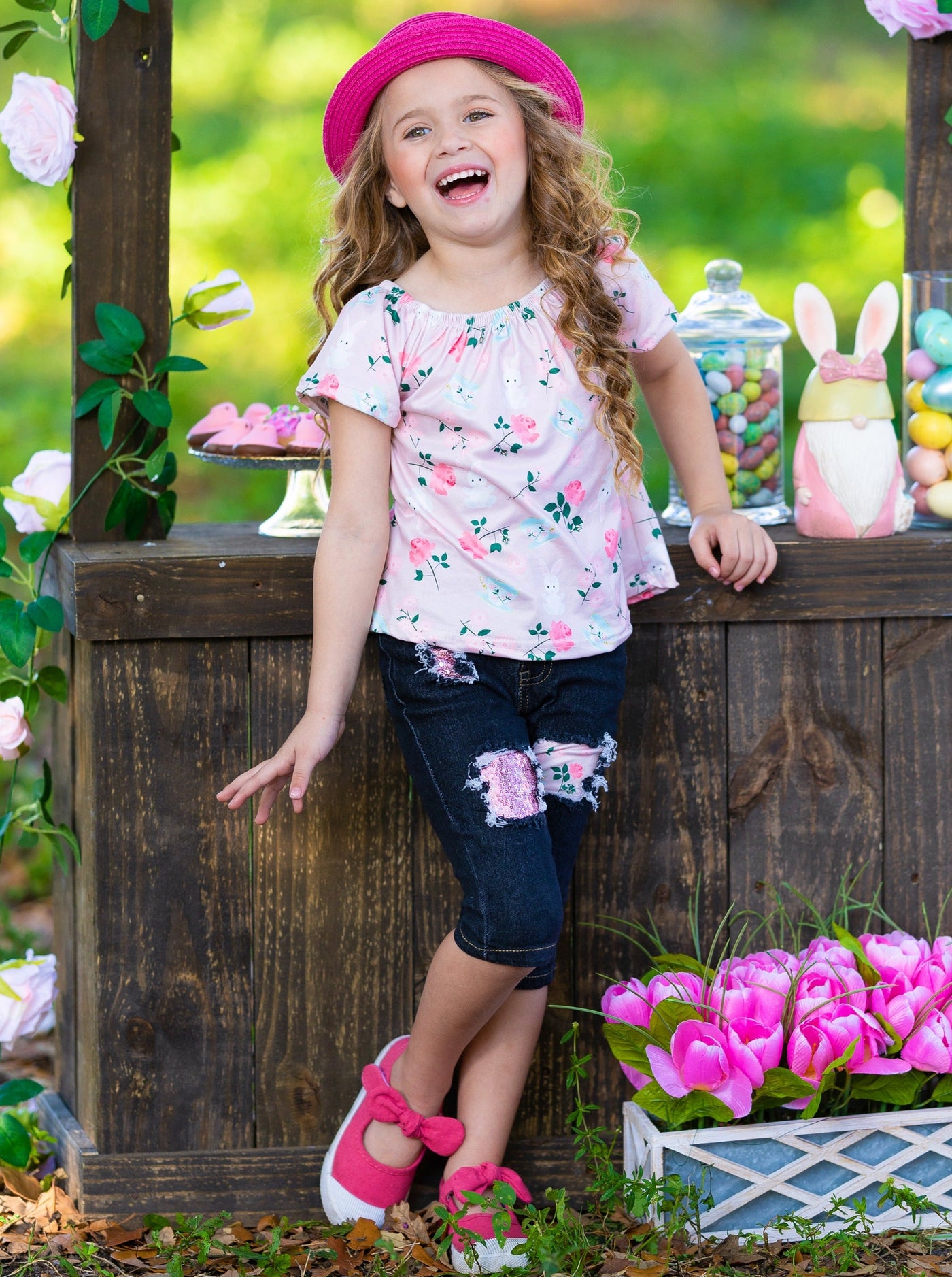 Girls Buns and Roses Butterfly Sleeve Top and Patched Denim Capris with Sash