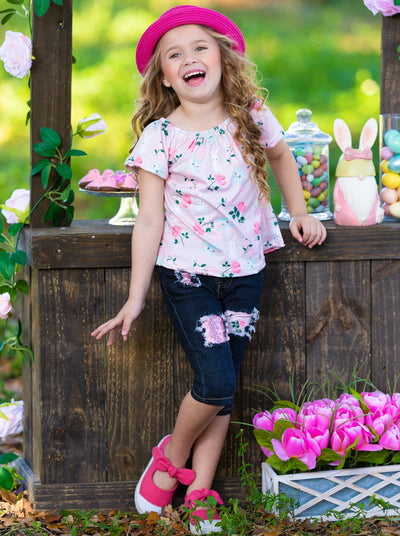 Girls Buns and Roses Butterfly Sleeve Top and Patched Denim Capris with Sash