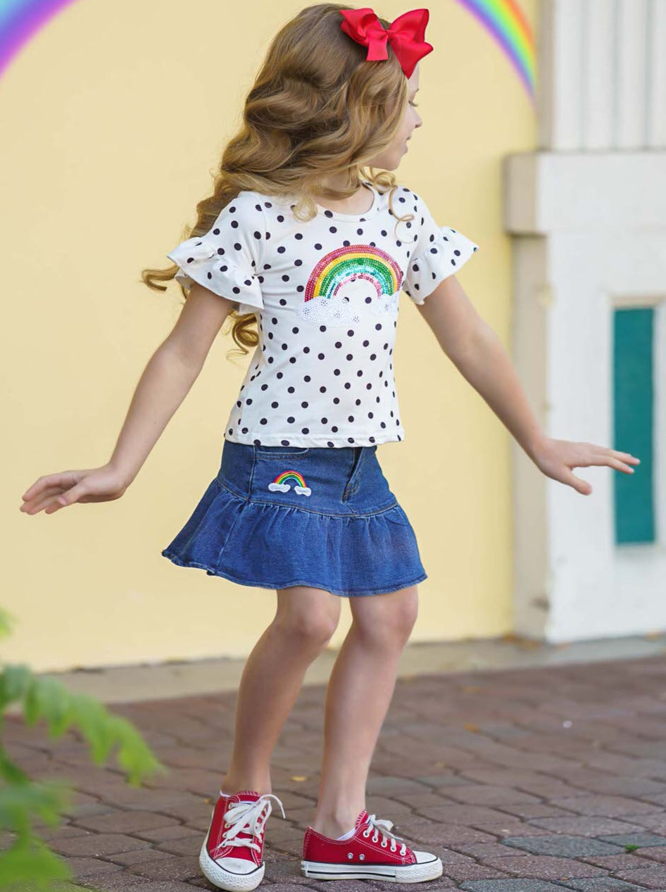 Girls Over the Rainbow Polka Dot Top and Denim Skirt Set