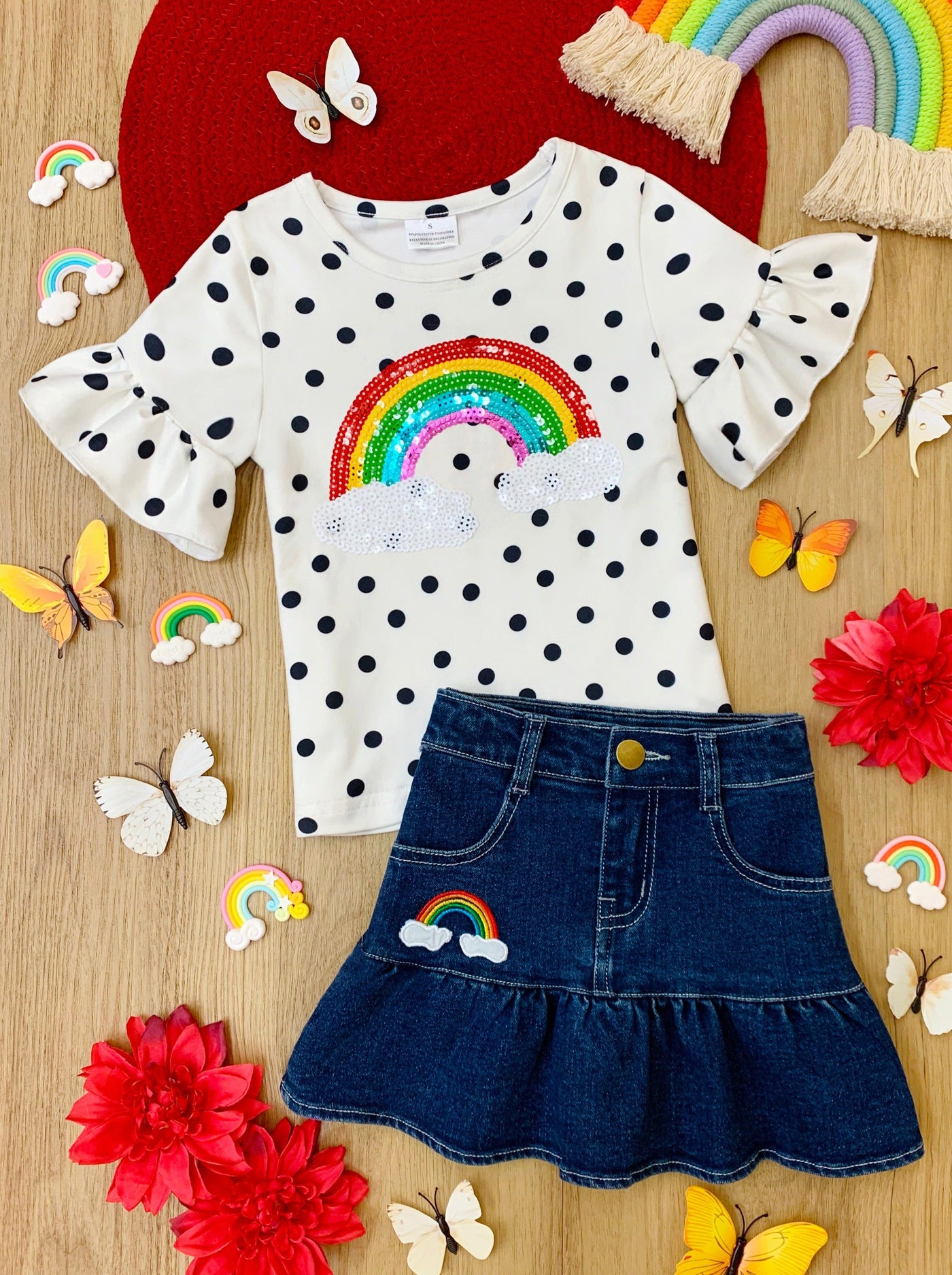 Girls Over the Rainbow Polka Dot Top and Denim Skirt Set