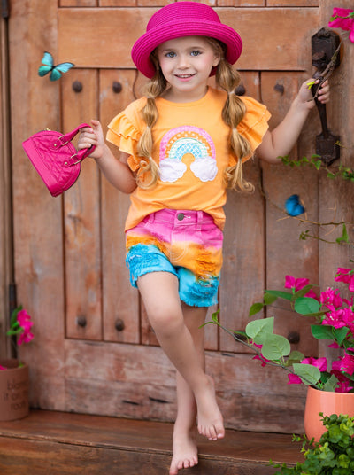 Toddler Spring Outfits | Girls Rainbow Top & Tie Dye Denim Shorts Set