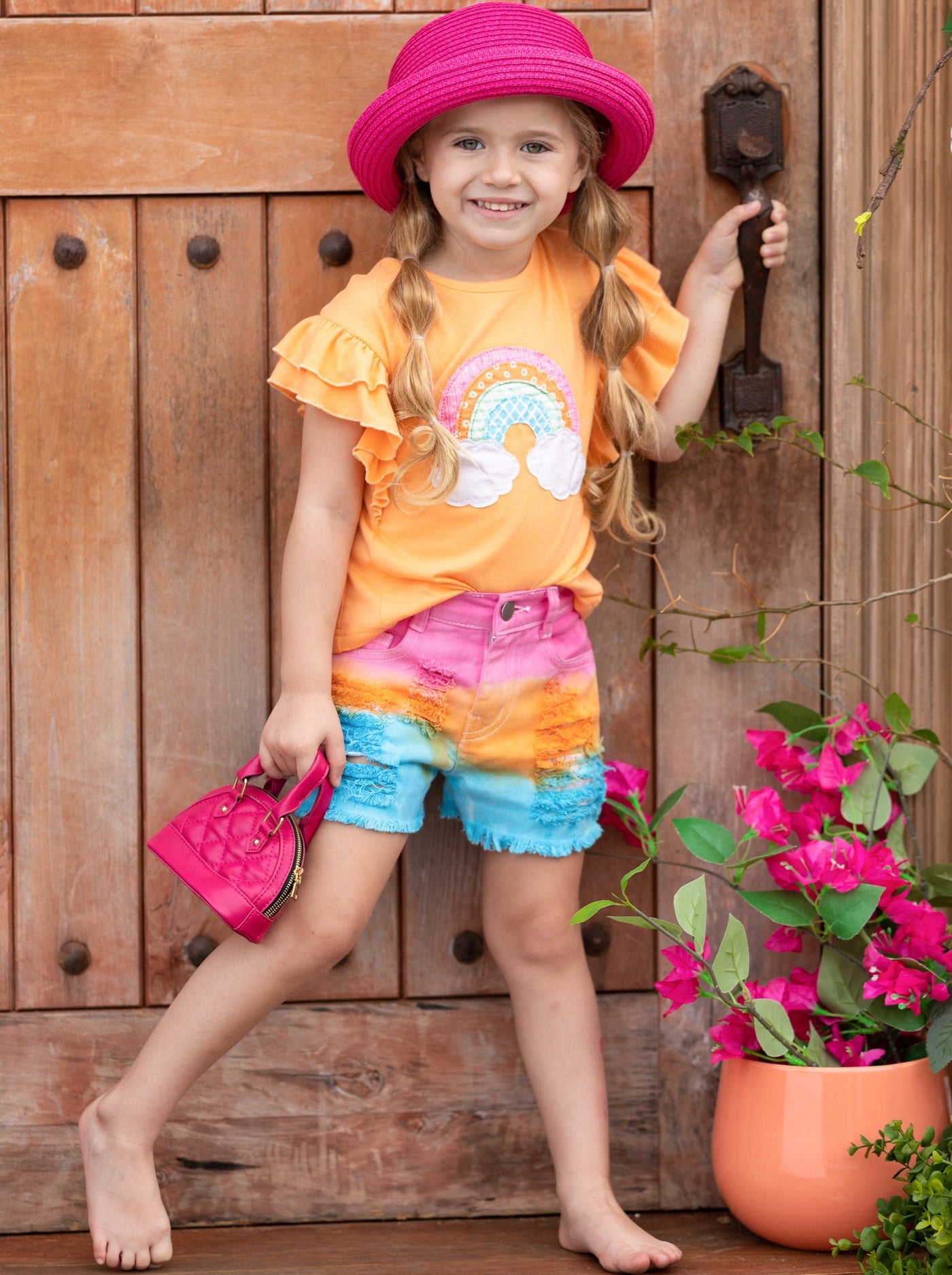 Toddler Spring Outfits | Girls Rainbow Top & Tie Dye Denim Shorts Set
