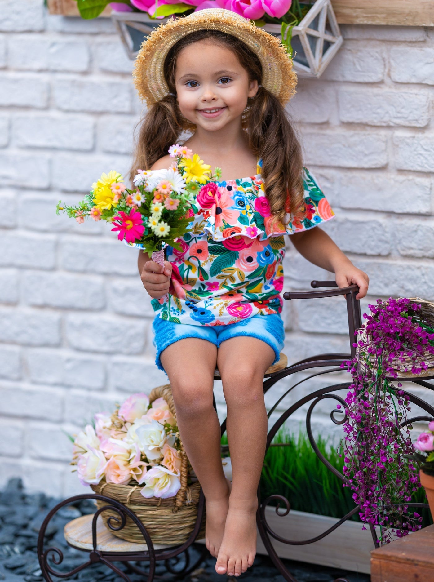 Kids Spring Clothes | Girls Floral Ruffle Top & Tie Dye Denim Shorts