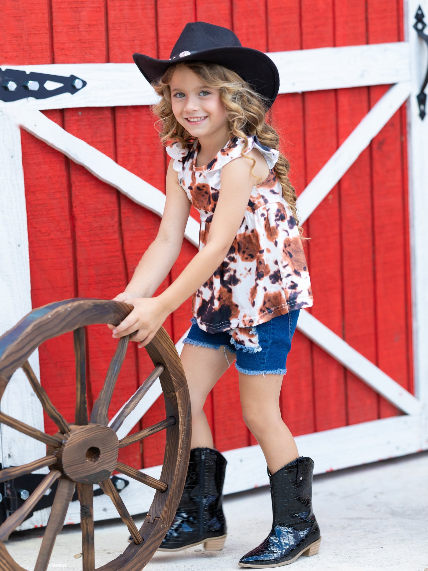 Girls Cow Print Top and Patched Denim Shorts Set - Mia Belle Girls