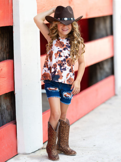 Girls Cow Print Top and Patched Denim Shorts Set - Mia Belle Girls
