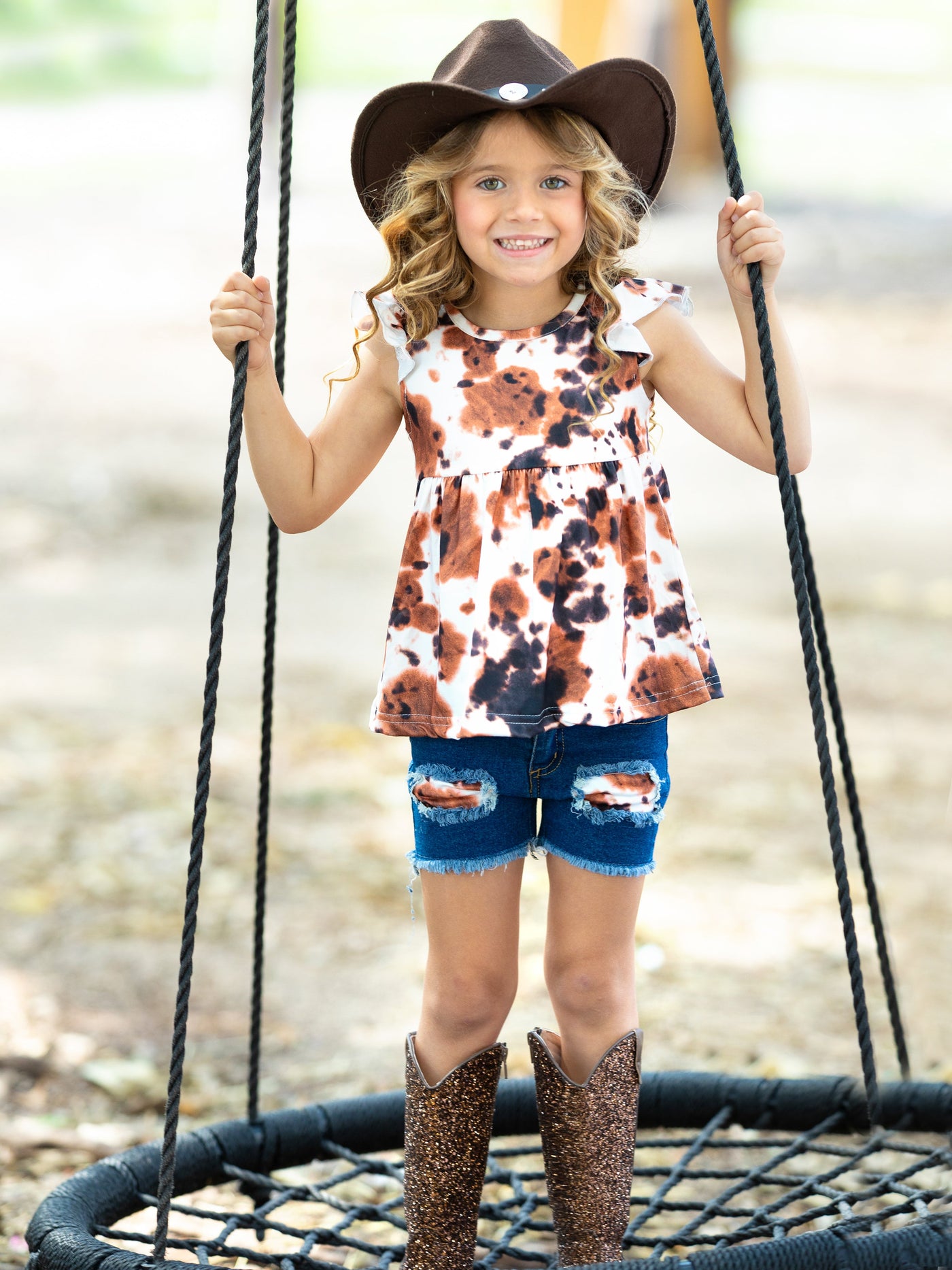 Girls Cow Print Top and Patched Denim Shorts Set - Mia Belle Girls