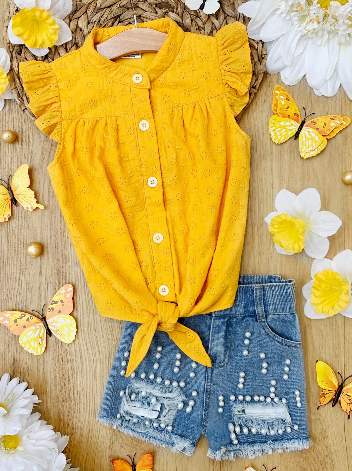 Girls Spring Outfits | Eyelet Knot Top & Pearled Denim Shorts Set