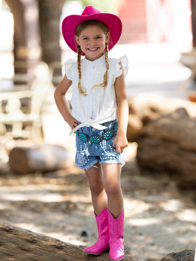 Toddler Spring Outfits | Girls Knot Hem Top & Pearled Denim Shorts Set