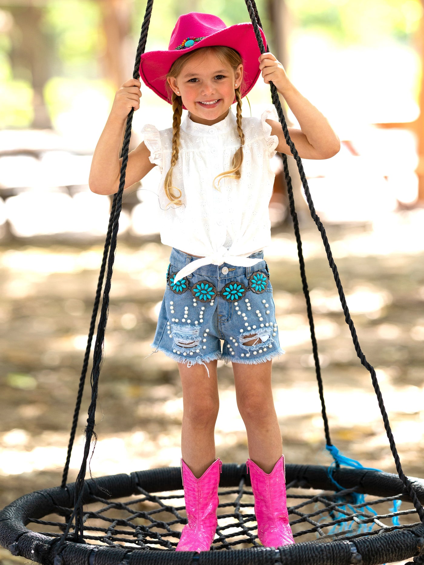 Toddler Spring Outfits | Girls Knot Hem Top & Pearled Denim Shorts Set