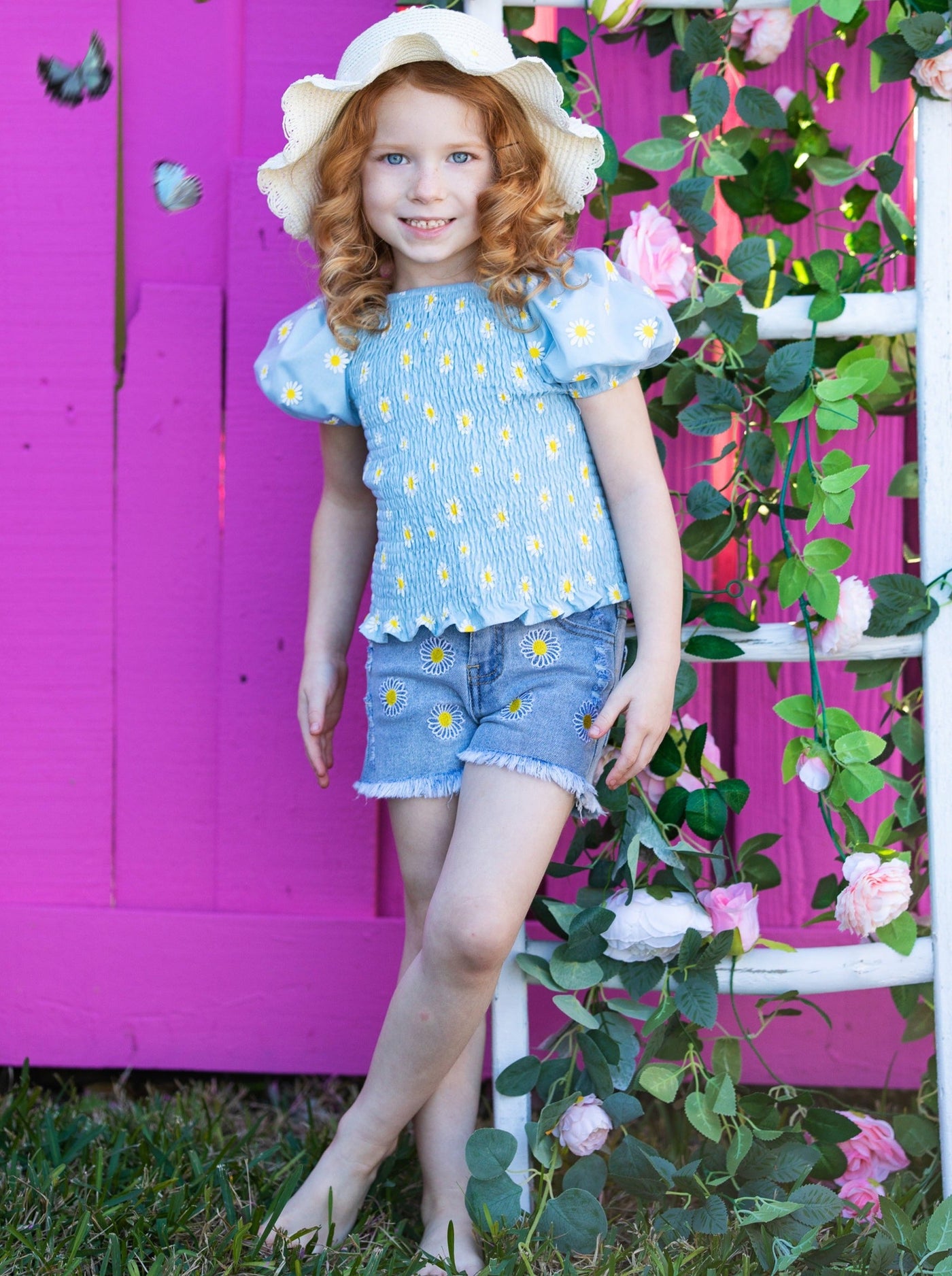 Toddler Spring Outfits | Girls Daisy Smock Top & Denim Shorts Set