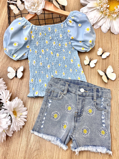 Toddler Spring Outfits | Girls Daisy Smock Top & Denim Shorts Set