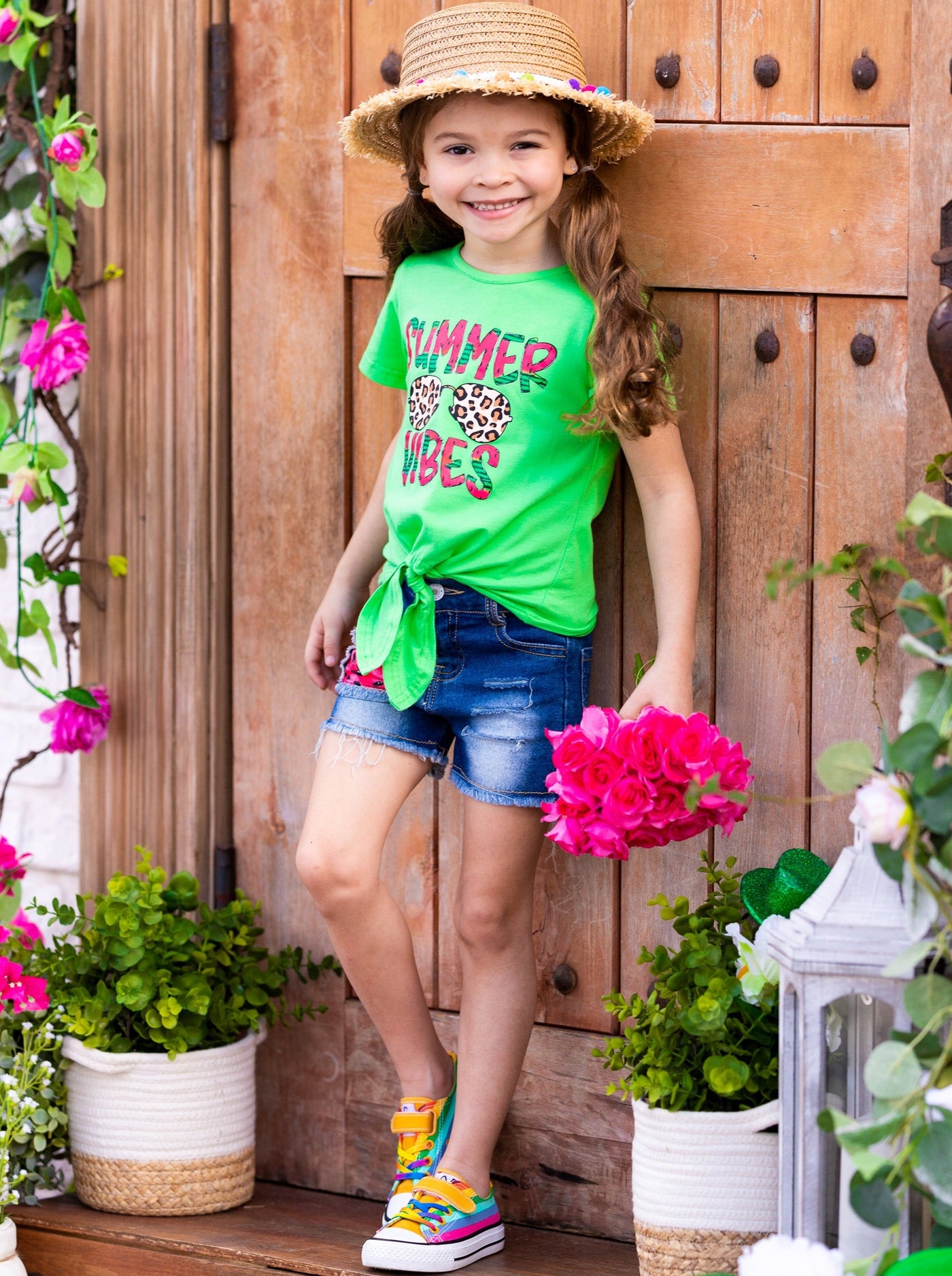 Kids Summer Clothes | Girls Knot Hem Top & Patch Denim Shorts Set